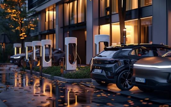 An electric charging stations in front of a hotel or facility, modern and eco-friendly environment, electric vehicles parked at the charging stations. The charging stations is sleek. Generative AI.