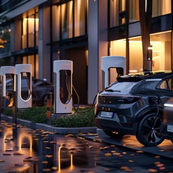 An electric charging stations in front of a hotel or facility, modern and eco-friendly environment, electric vehicles parked at the charging stations. The charging stations is sleek. Generative AI.